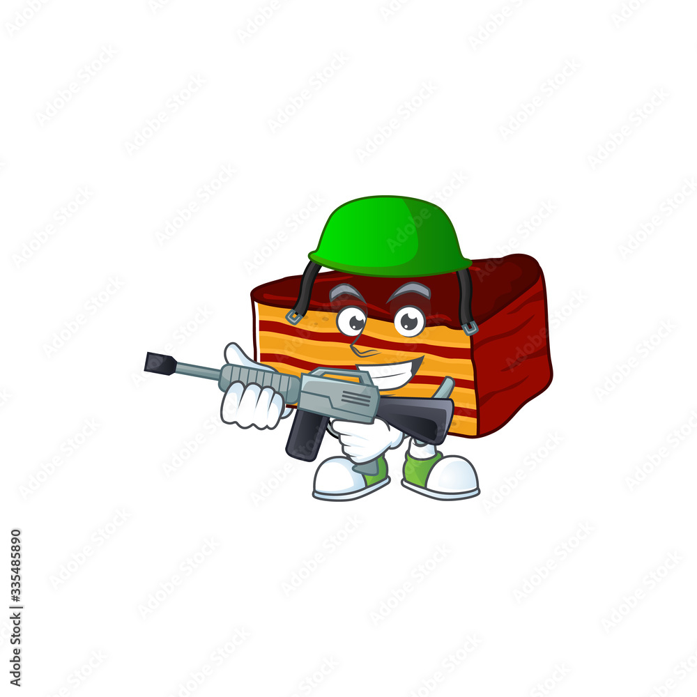 An elegant dobos torte Army mascot design style using automatic gun