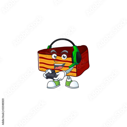 A cartoon design of dobos torte talented gamer play with headphone and controller