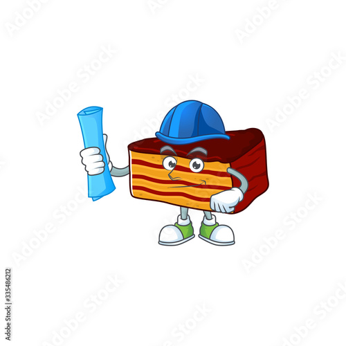 Talented Architect dobos torte cartoon design style having blue prints