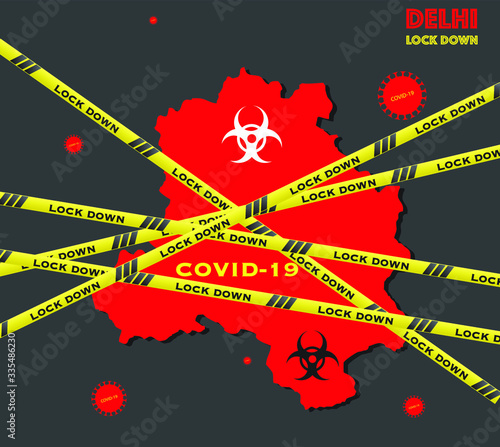 India national DELHI state lockdown due to coronavirus crisis covid-19 disease. India under lockdown with DELHI map 