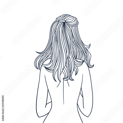 Hand drawn beautiful girl. Ink doodle of back of young woman with long hair and hair clip. Dark blue vector drawing isolated on white background. Coloring book for adults.