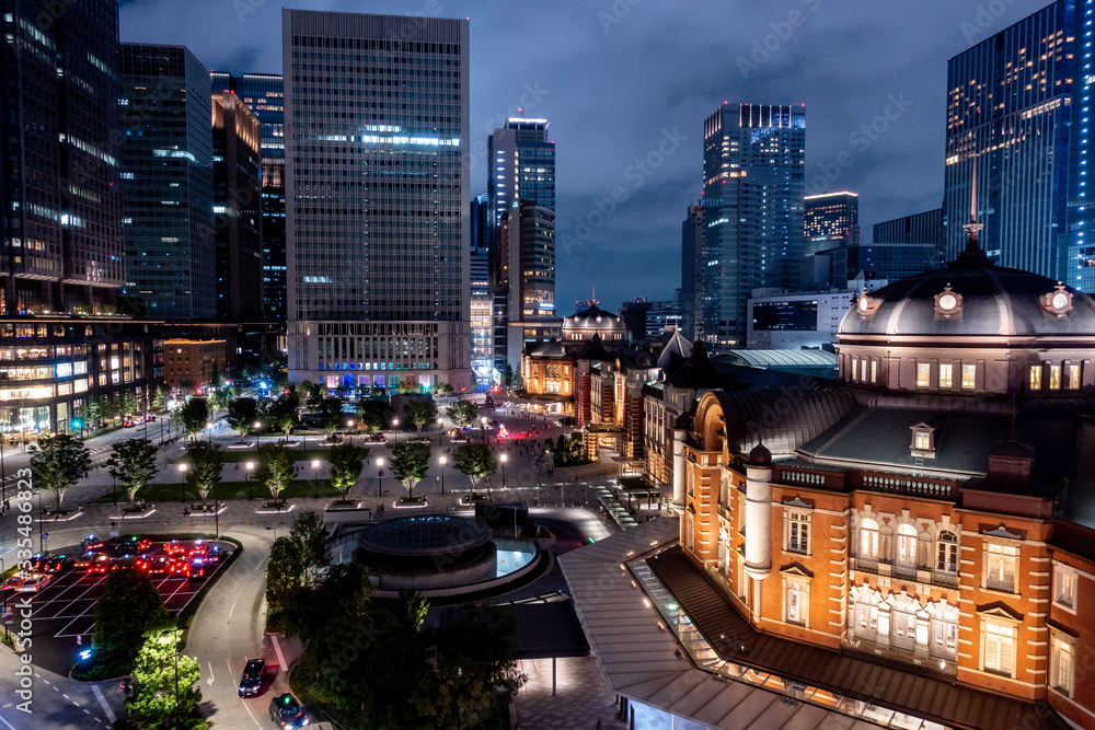 Tokyo station at night.