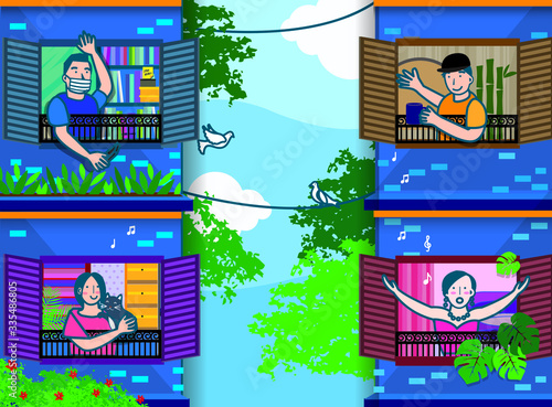 An illustration showing the residents practising Social distance by staying at home and a distance around two metres from other people during the covid 19 movement control order period. 