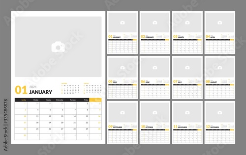 Wall calendar template for 2021 year. Planner diary in a minimalist style. Week Starts on Sunday. Monthly calendar.