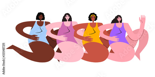 Young girls. Diverse international and interracial women. Feminism and feminine, woman empowerment idea. Togetherness. Cartoon flat vector illustration.