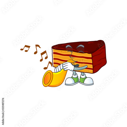 A brilliant musician of dobos torte cartoon character playing a trumpet