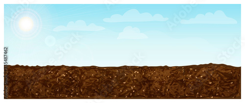 blue sky and land background. horizontal sky and ground landscape. vector panoramic illustration of fertile brown plowed field. great for banner, backdrops and nature, farming images. realistic style. photo