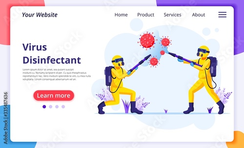 Disinfectant worker in hazmat suits sprays cleaning and disinfecting covid-19 coronavirus cells. disinfect protection from virus concept. Modern flat web landing page design template. Vector illustrat