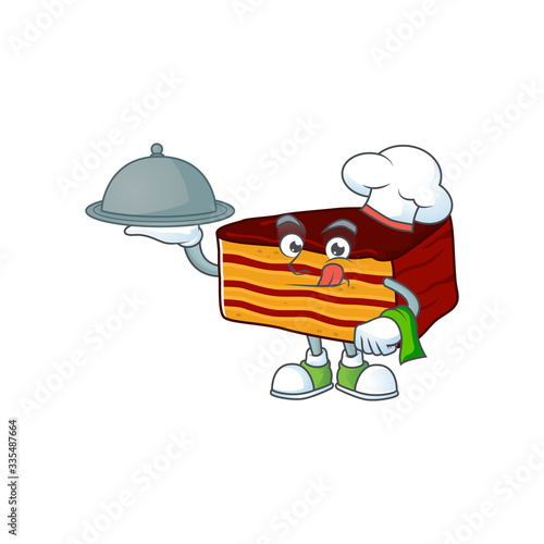 A dobos torte chef cartoon design with hat and tray