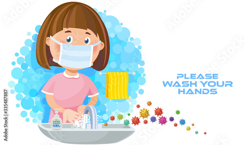 A girl child washing her hands to prevent germs and viruses. Health care and body hygiene.