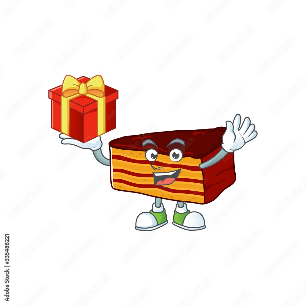 Charming dobos torte mascot design has a red box of gift Charming dobos torte mascot design has a red box of gift
