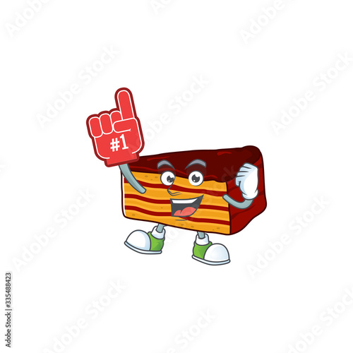 Cartoon character concept of dobos torte holding red foam finger