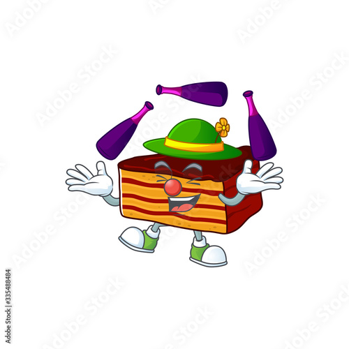 mascot cartoon style of dobos torte playing Juggling on stage
