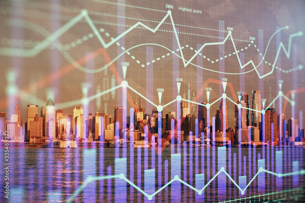 Forex chart on cityscape with tall buildings background multi exposure. Financial research concept. Forex chart on cityscape with tall buildings background multi exposure. Financial research concept.