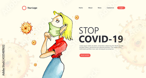 Illustration watercolor concept on stop coronavirus landing page design