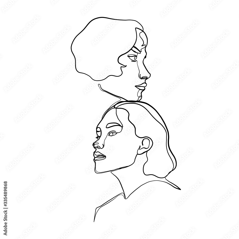 Pair of female portraits drawn by one continuous line in a minimalistic fashionable style. 