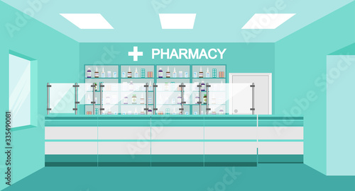 Pharmacy interior with drug shelves and cashier counter. Interior pharmacy and drugstore. Sale of vitamins and medications. Medicine pills capsules bottles vitamins and tablets.
