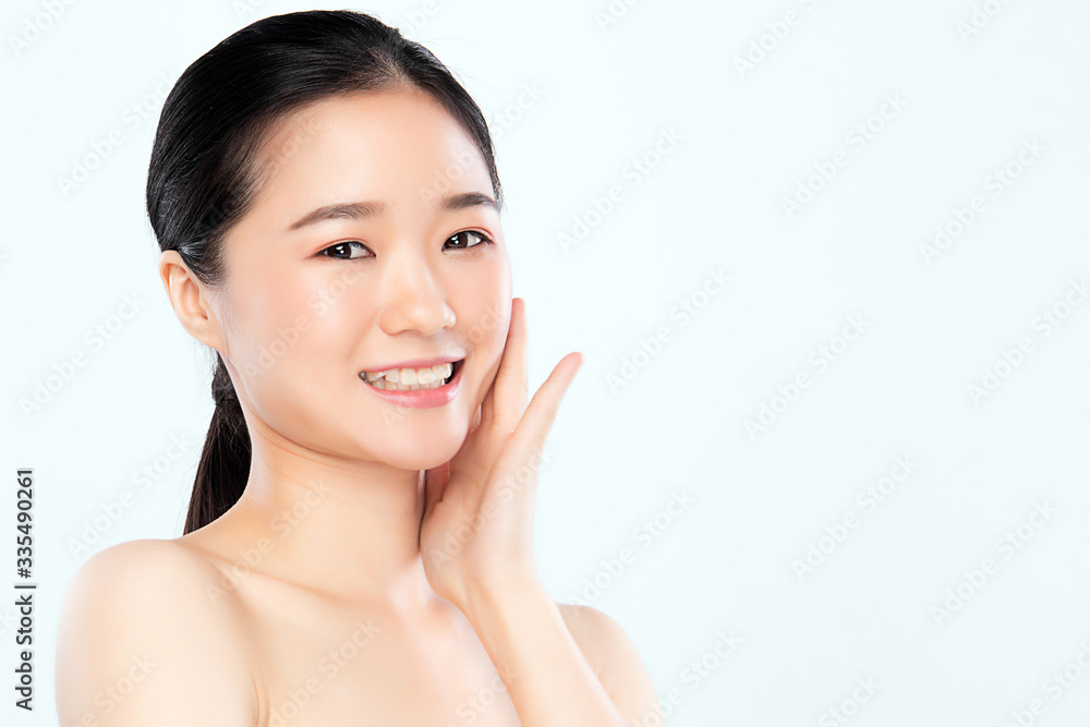Beautiful Young Asian Woman with Clean Fresh Skin. Face care, Facial treatment, Cosmetology, beauty and healthy skin and cosmetic concept, woman beauty skin isolated on white background