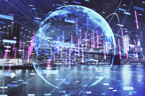 Financial chart on city scape with tall buildings background multi exposure. Analysis concept.