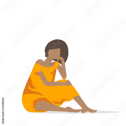Vector abstract pensive girl in yellow dress. Young woman sitting and sed.