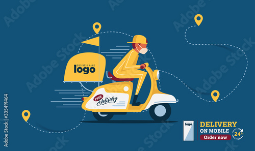 Vector The food delivery man ride yellow scooter to deliver food.Instagram Posts Featuring Food Delivery.Online Delivery Service Web Banner.E-commerce concept.