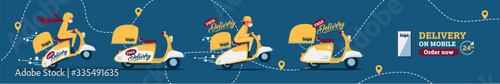 Vector The food delivery man ride yellow scooter to deliver food.Instagram Posts Featuring Food Delivery.Online Delivery Service Web Banner.E-commerce concept.