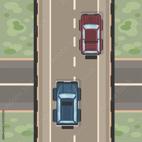 View from above. Two cars go over the bridge. Vector illustration with SUVs.  Overtaking on the road.