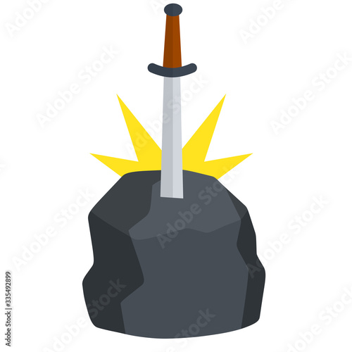 Legendary Excalibur. Knight and king Arthur test element. Medieval weapons and rock. Cartoon flat illustration. Sword in stone with light. English mythology and fairy tale
