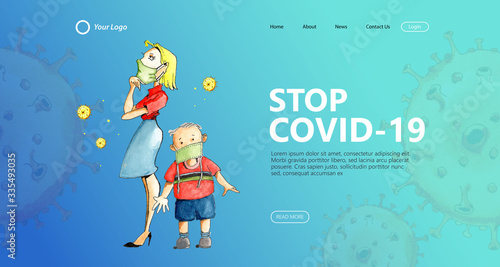 Landing page template with stop coronavirus illustration watercolor