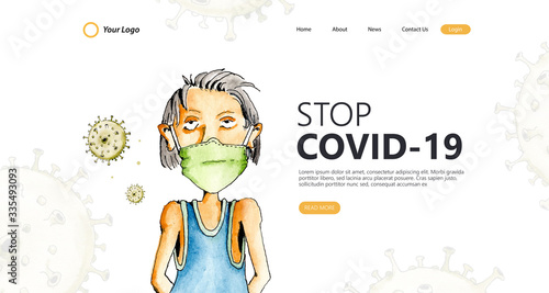 Stop coronavirus landing page in illustration watercolor concept