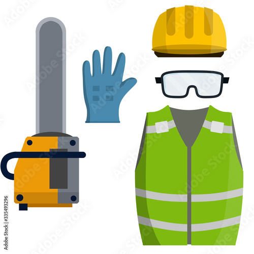 Set of clothes Builder and worker. Cartoon flat illustration. Chainsaw of lumberjack. Green vest, helmet, glasses, gloves. Repair and maintenance. Safety and tools for cutting trees