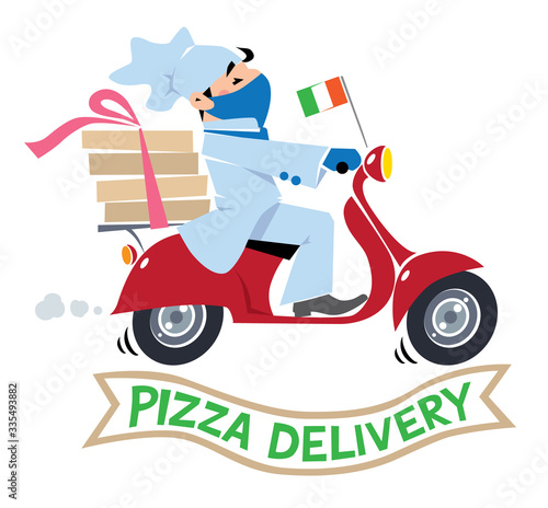 Funny pizza chef or courier on scooter in protective mask and gloves Pizza delivery logo