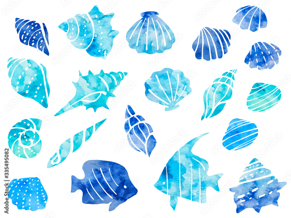 海の水彩風イラストセット 貝殻 巻貝 熱帯魚 Stock ベクター Adobe Stock