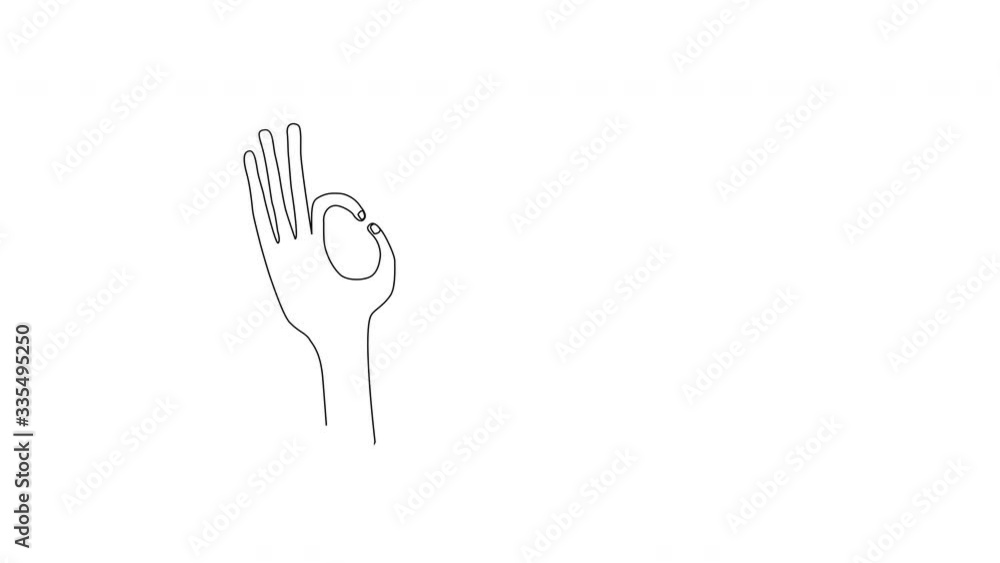 Self drawing sketch animation of hand gesture OK, okey. Line art. Copy space. White Black background. Self drawing sketch animation of hand gesture OK, okey. Line art. Copy space. White Black background.