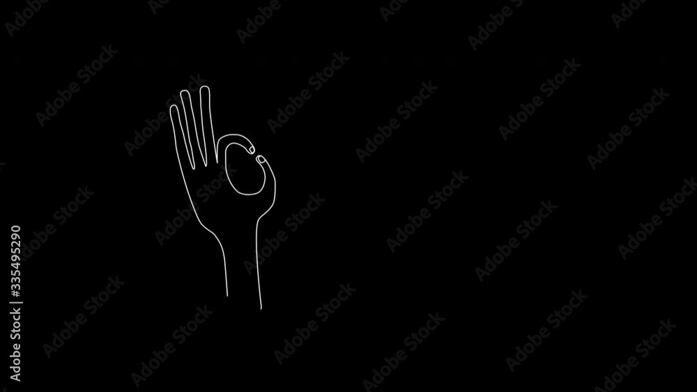 Self drawing sketch animation of hand gesture OK, okey. Line art. Copy space. Black background. Self drawing sketch animation of hand gesture OK, okey. Line art. Copy space. Black background.