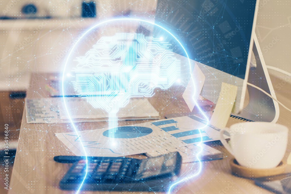 Multi exposure of work space with computer and human brain hologram. Brainstorm concept. Multi exposure of work space with computer and human brain hologram. Brainstorm concept.