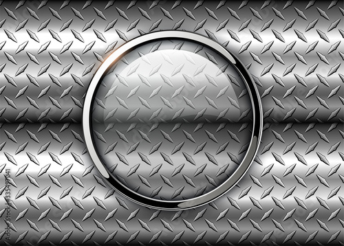 Glossy button over metallic diamond plate sheet metal texture