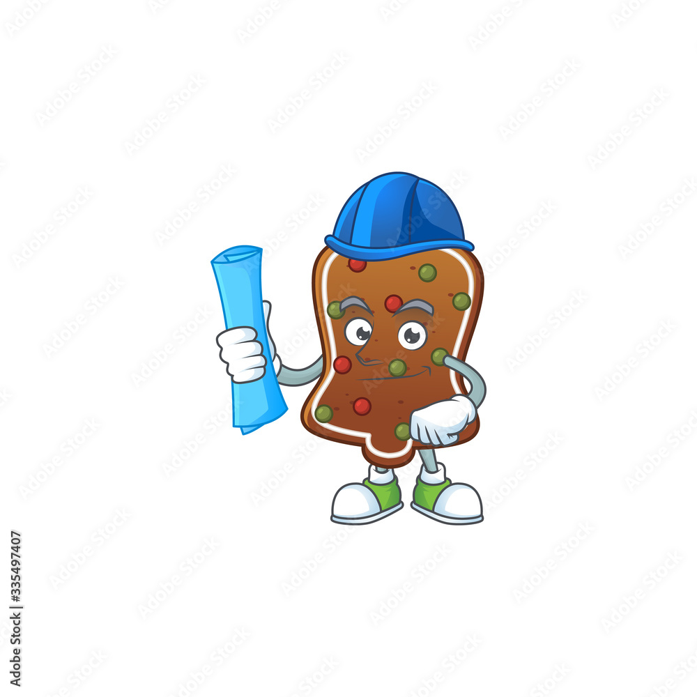 Talented Architect gingerbread bell cartoon design style having blue prints Talented Architect gingerbread bell cartoon design style having blue prints