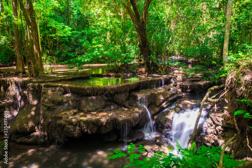 Waterfall in tropical deep forest green tree sunlight