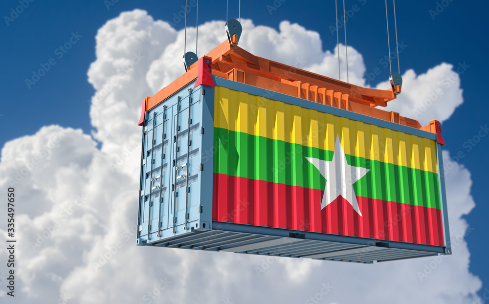 Shipping containers with Myanmar flag. 3D Rendering 