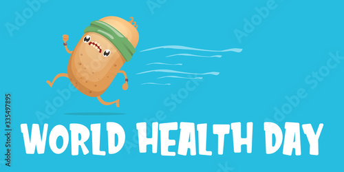 World health care day vector illustration with cartoon funky potato character running or jogging outdoor. Cute sporty healthy vegetable character making cardio sport exercise. Fitness cardio concept