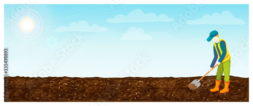 Farmer at work with shovel in field. vector illustration of countryman digging, loosening and fertilizing soil. plowed field horizontal landscape with gardner. countryside sky and land background