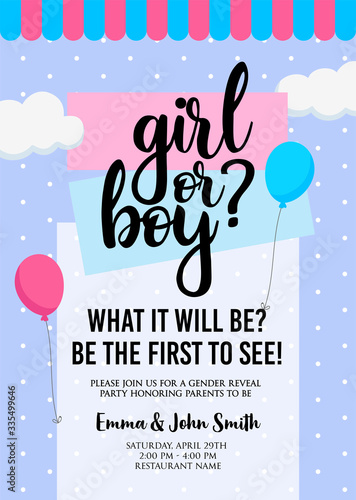 Girl or boy? Gender reveal party invitation card vector design
