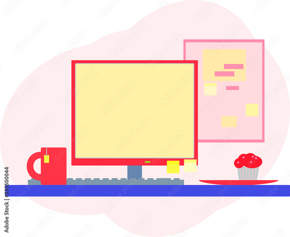 Computer on a table top with keyboard and monitor, cake on plate and cup with tea. Vector element. Working place with note board on wall. Computer on a table top with keyboard and monitor, cake on plate and cup with tea. Vector element. Working place with note board on wall.