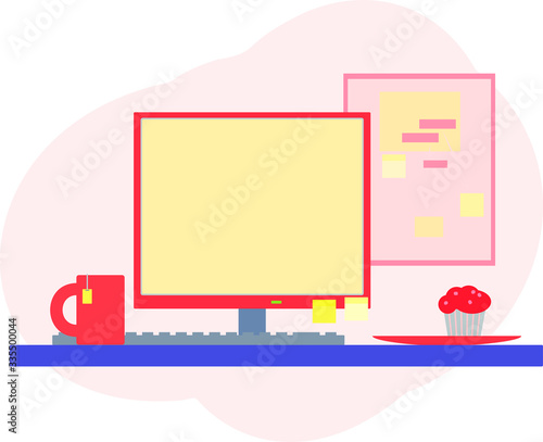 Computer on a table top with keyboard and monitor, cake on plate and cup with tea. Vector element. Working place with note board on wall.