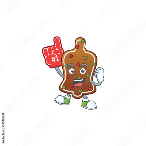 Cartoon character concept of gingerbread bell holding red foam finger