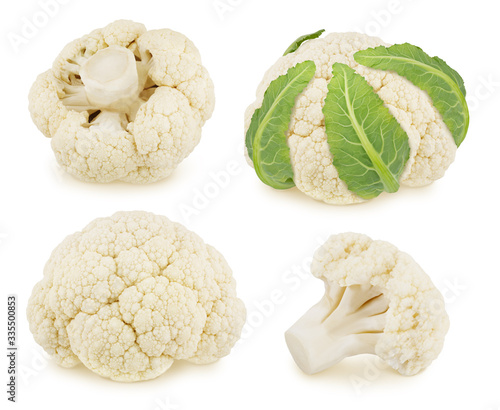 Set of whole and cutted cauliflower isolated on a white background.