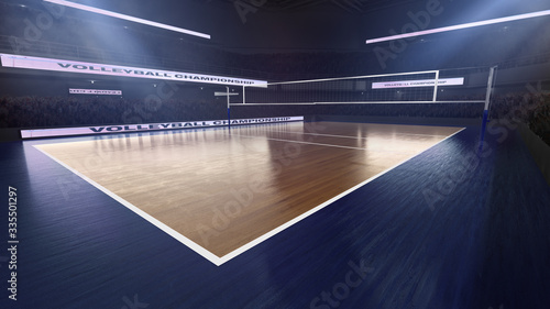 Volleyball stadium with people fan. Sport arena. Render 3D. Illustration. © VIAR PRO studio