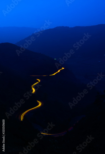 Blue hour light trails in the moutains