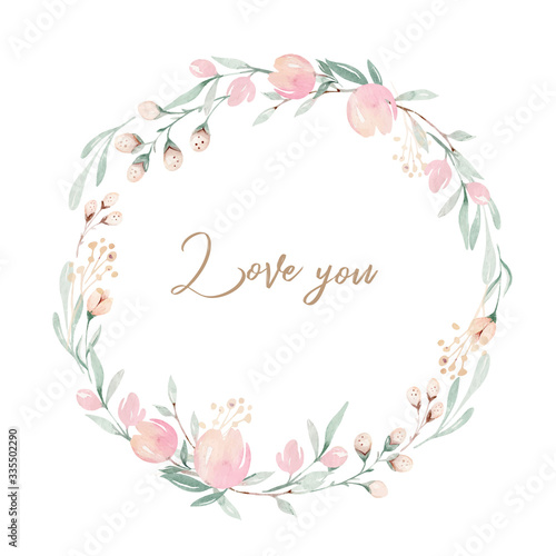 Vector watercolor flowers wreath frame. Psring decoration with protea ans cotton. Wedding decoration circle